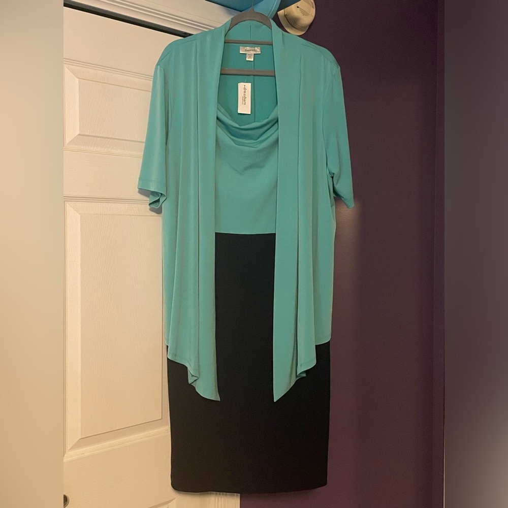 Dress Barn Teal and Black Midi Dress with Draped Cardigan Overlay